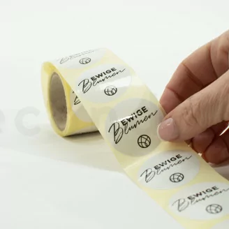 Runde Sticker &laquo;Ewige Blumen&raquo; Wei&szlig; (x100) - 5 Sprachen erh&auml;ltlich