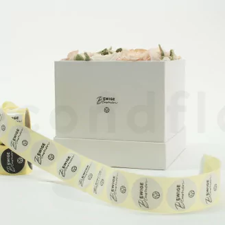 Runde Sticker &laquo;Ewige Blumen&raquo; Wei&szlig; (x100) - 5 Sprachen erh&auml;ltlich