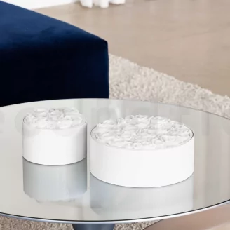 Caja redonda con rosas blancas preservadas (talla L)