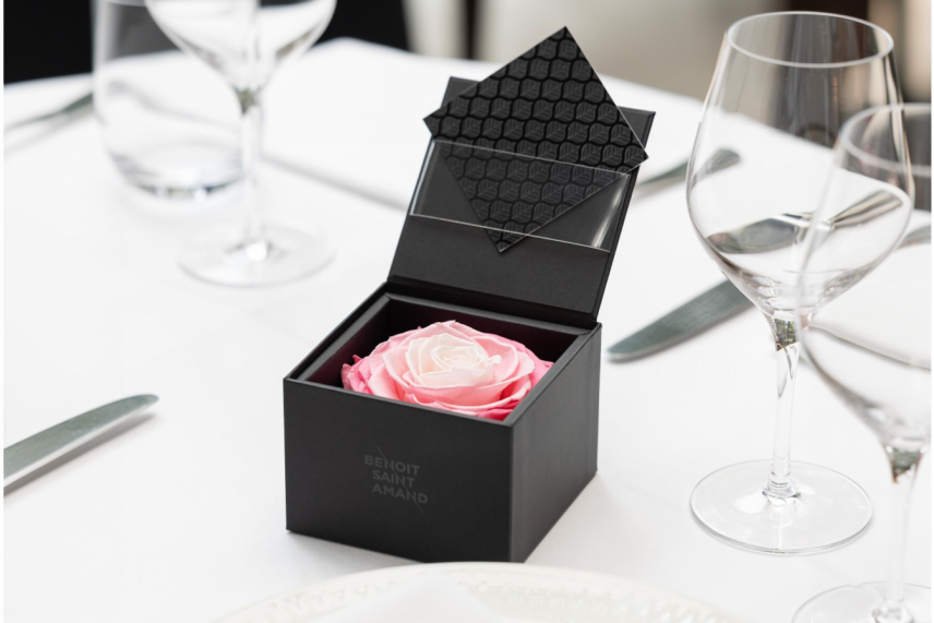 1 rosa rosa preservada grande en una caja cuadrada