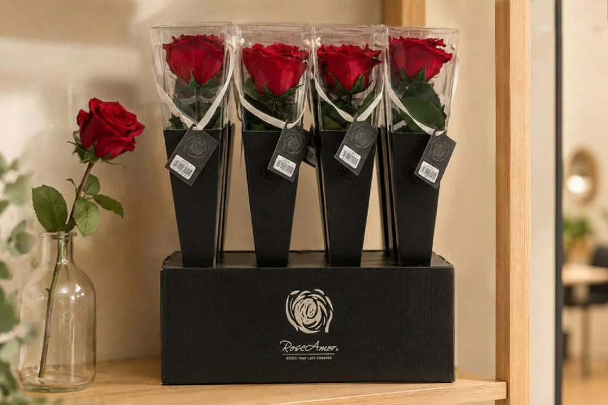 Preserved Rose on stem 30 cm Red - Individual Gift Box (x12)