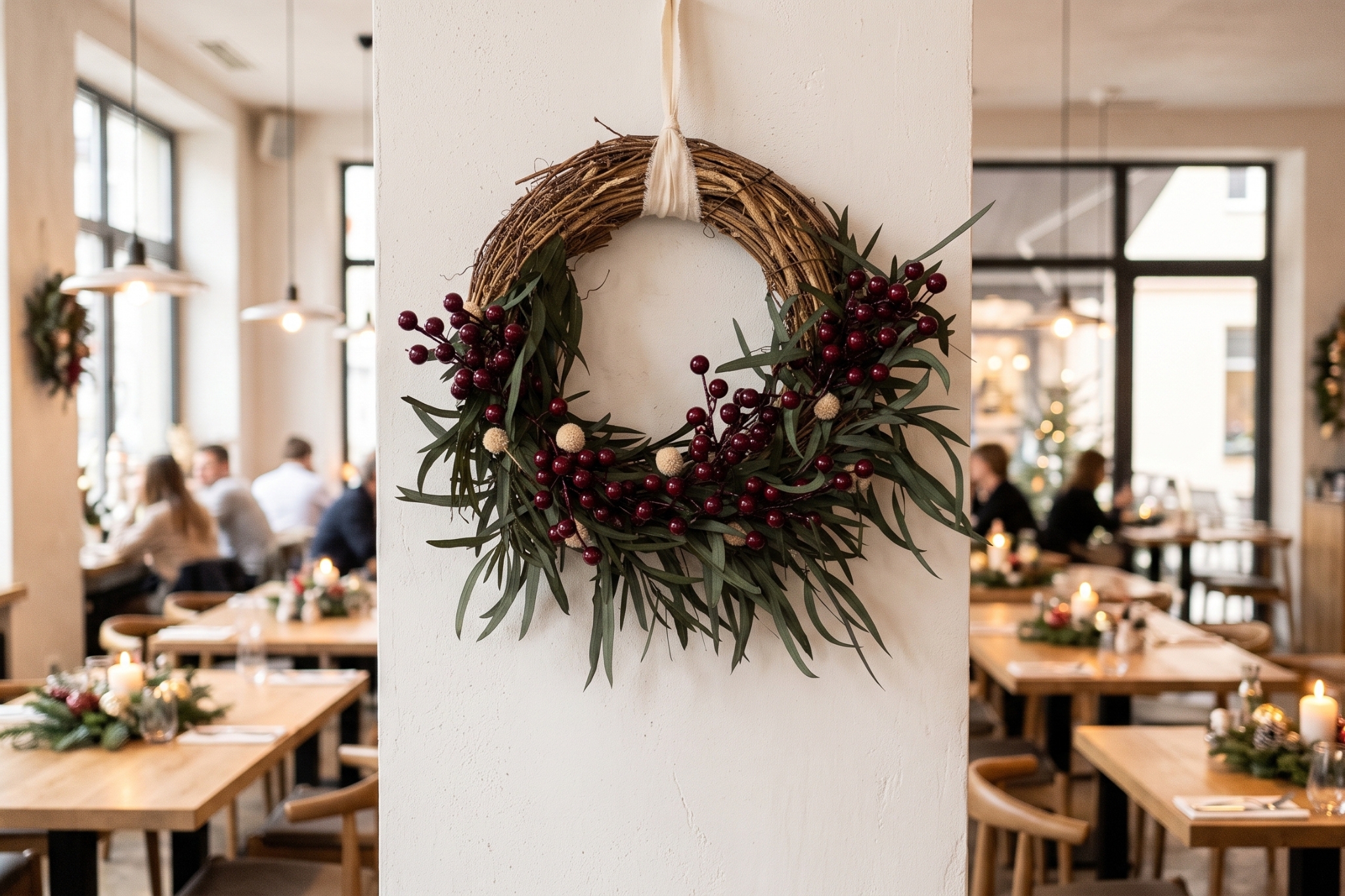 Couronne de Noël en liane, eucalyptus stabilisé, craspedia séché et baies artificielles