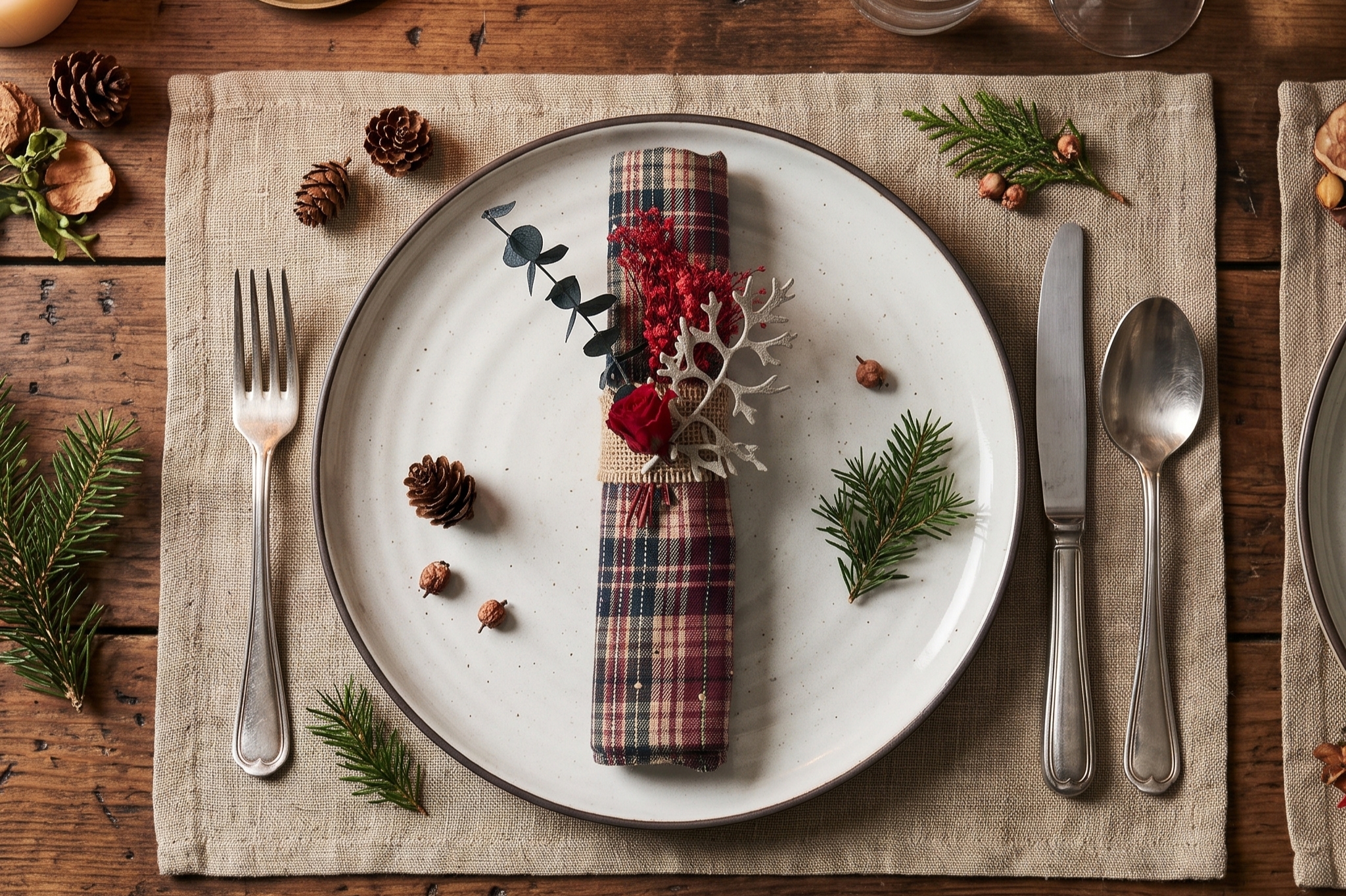 Table de Noël dressée avec assiette, couverts et rond de serviette décoré de végétaux stabilisés
