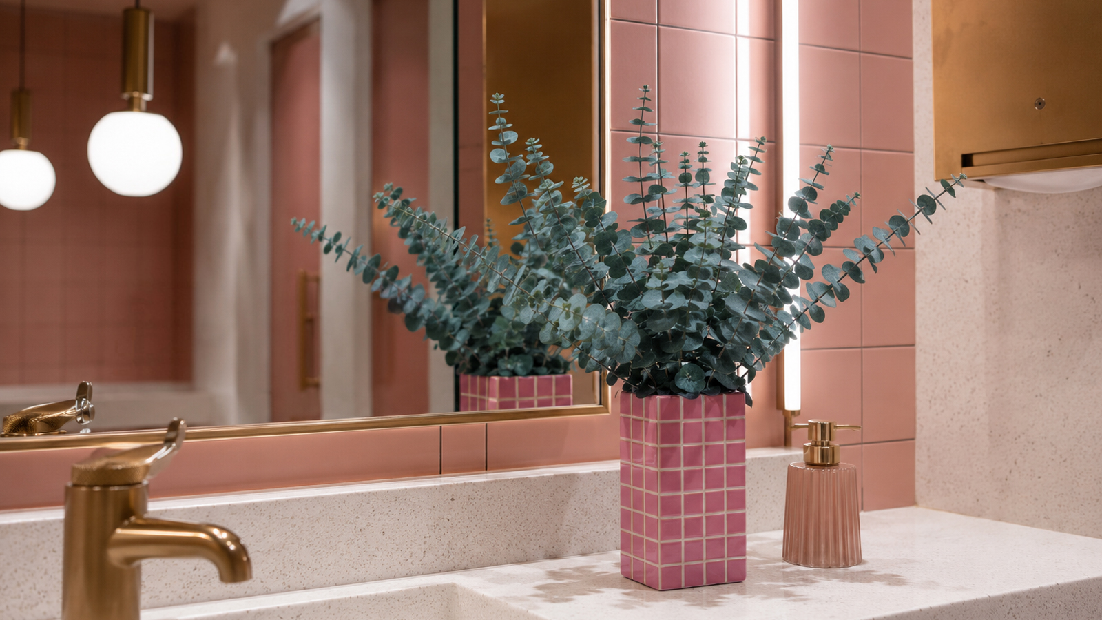 Bouquet d'eucalyptus dans un vase dans les toilettes d'un restaurant