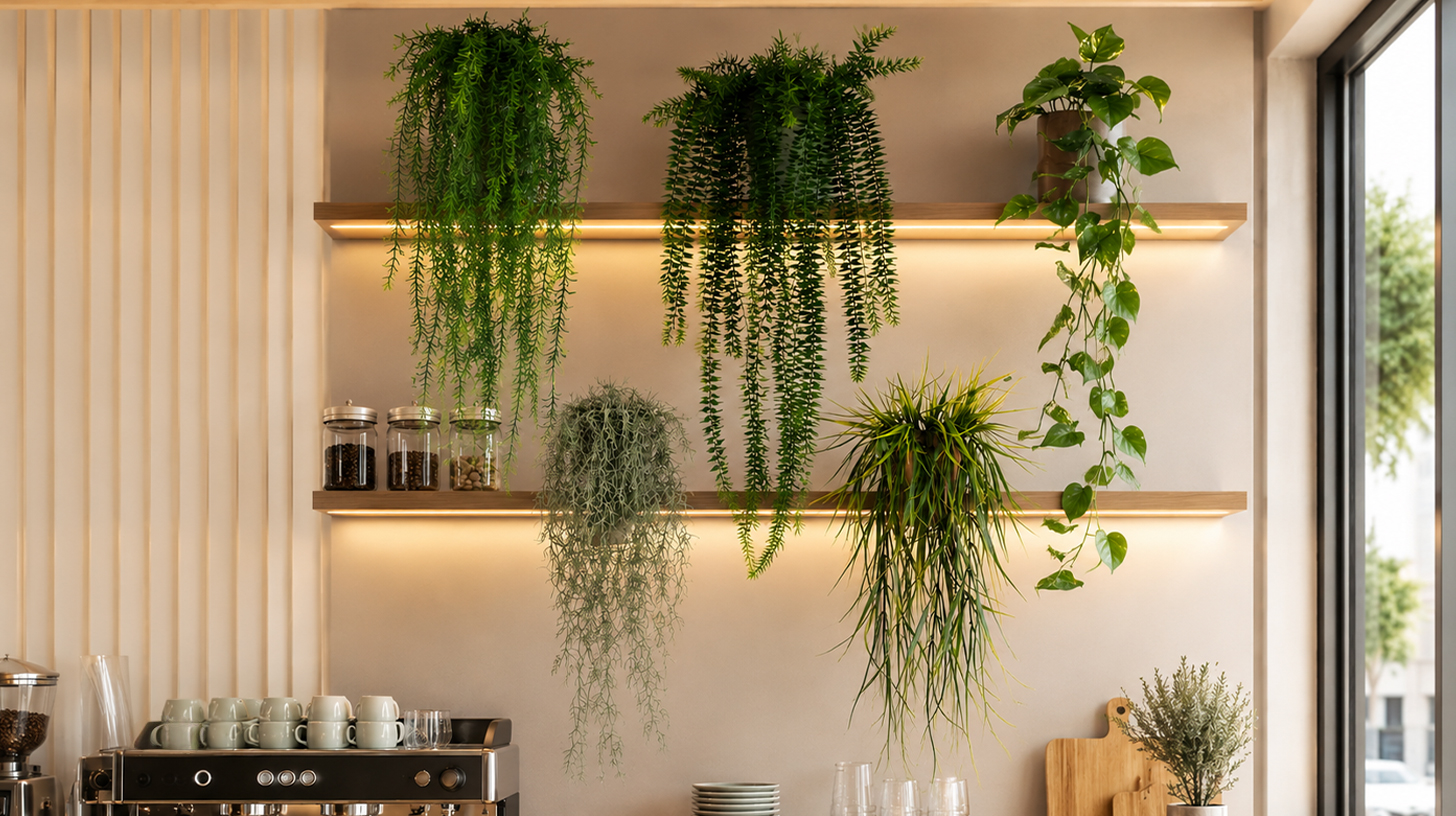 Plantes artificielles sur étagères