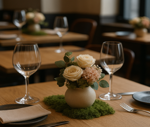 Décoration de table en restaurant gastronomique