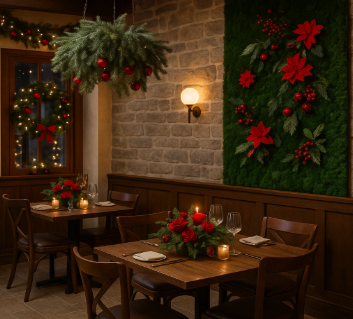 Décorer un restaurant pour Noël avec des plantes stabilisées